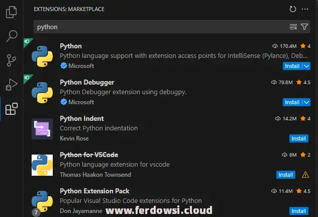 جستجو برای نصب بهترین افزونه های vscode برای پایتون-جستجو و یافتن افزونه موردنظر