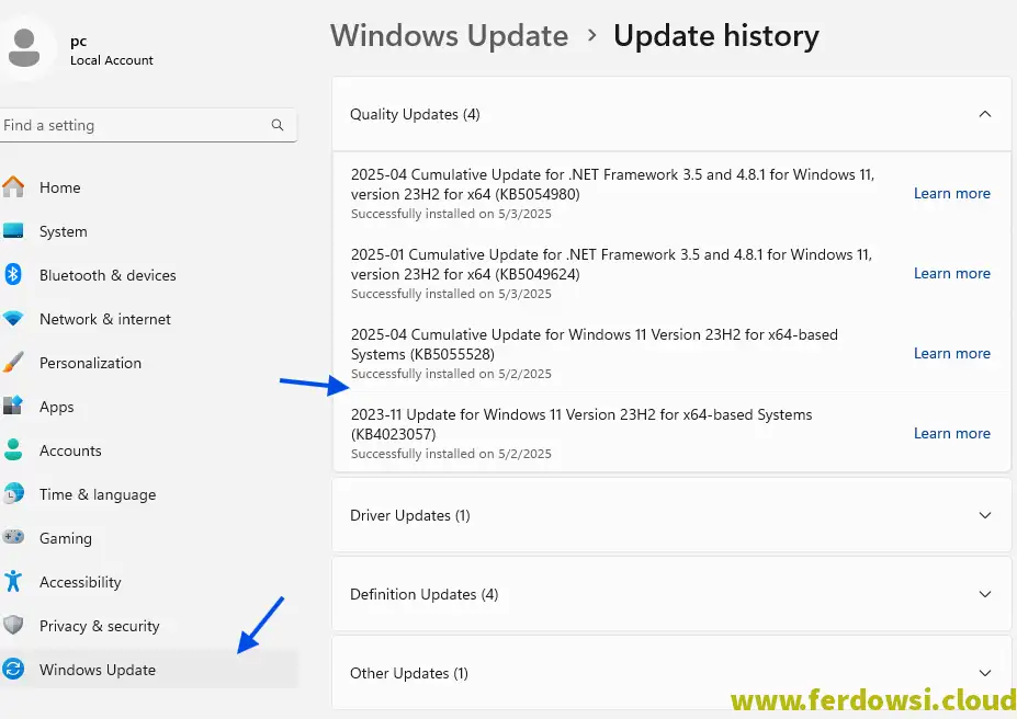 حل مشکل صفحه مرگ ویندوز با update history