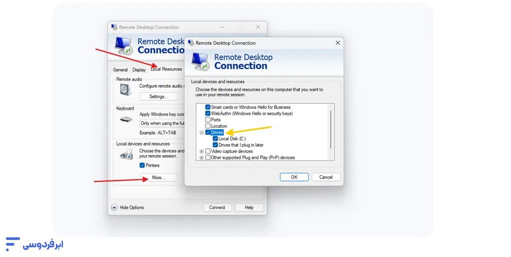 آموزش انتقال فایل از ویندوز به ویندوز در ابر فردوسی اضافه کردن درایوها برای نمایش در RDP