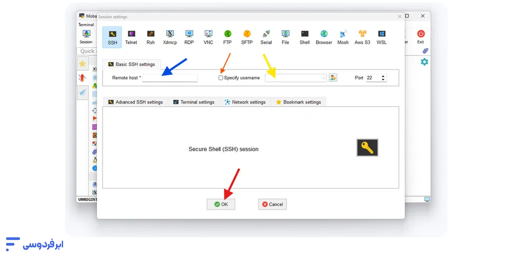 آموزش انتقال فایل از طریق mobaxterm وارد کردم آیپی هاست و نام کاربری برای انتقال فایل در MobaXterm
