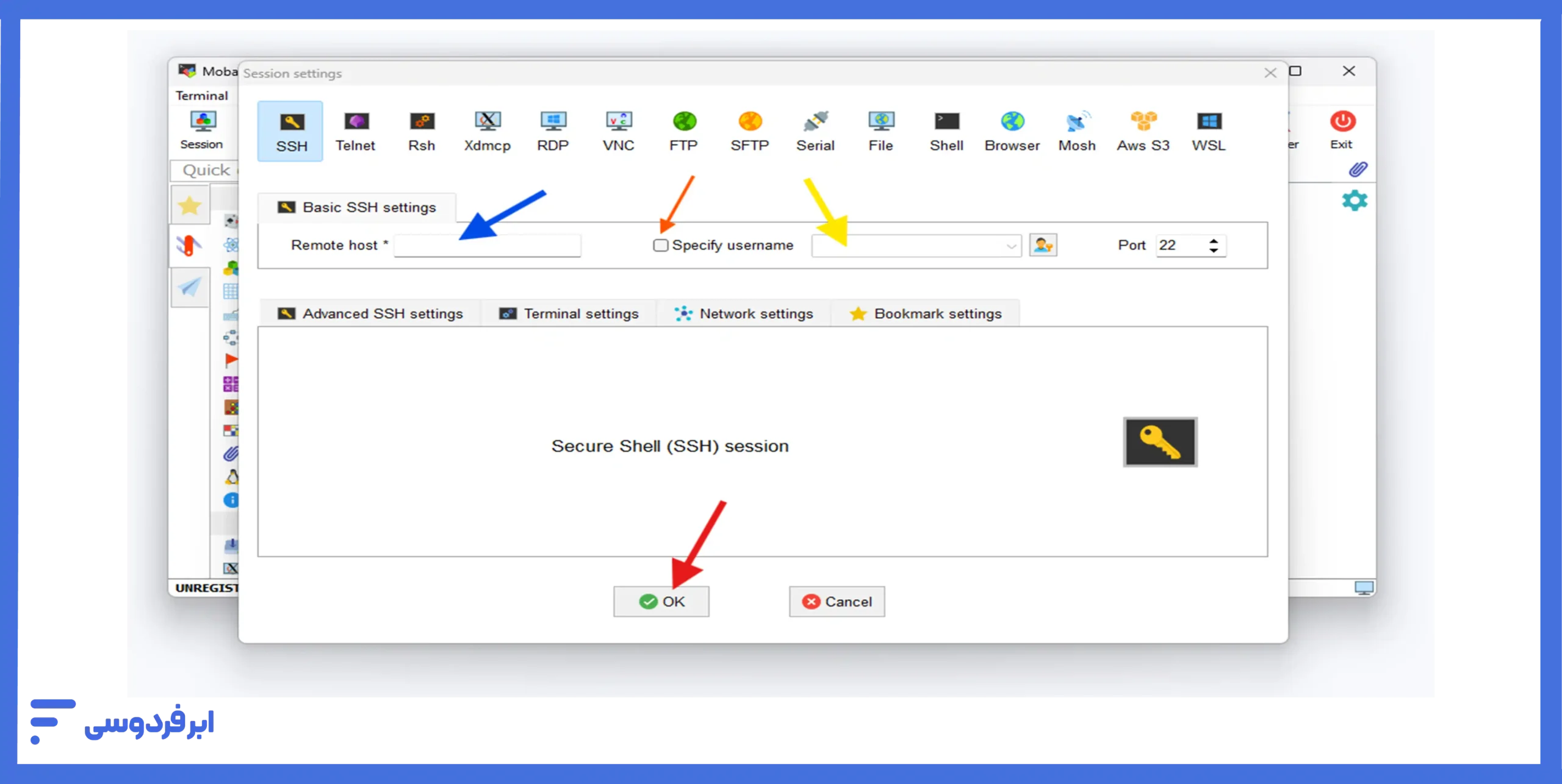 وارد کردم آی‌پی هاست و نام کاربری برای انتقال فایل در MobaXterm