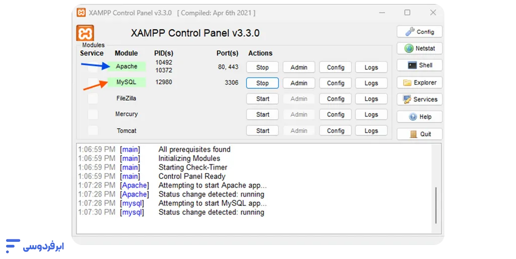 آموزش نصب وردپرس روی لوکال هاست (راهنمای ویندوز + Xampp و wamp) فعالسازی آپاچی و MySQL برای نصب وردپرس روی لوکال هاست