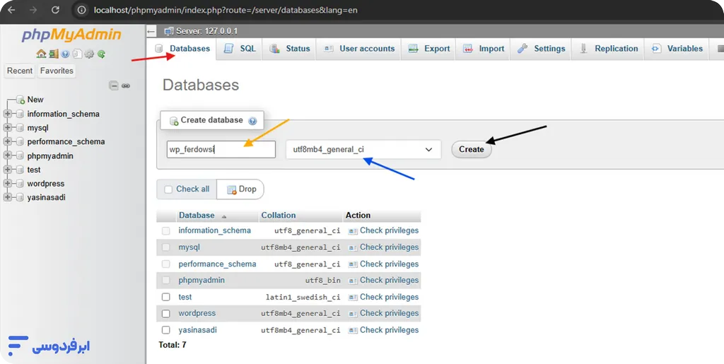 آموزش نصب وردپرس روی لوکال هاست (راهنمای ویندوز + Xampp و wamp) ساخت دیتابیس جدید در phpmyadmin