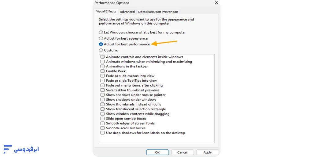 افزایش سرعت ویندوز 11؛ راهنمای جامع بهینهسازی و رفع کندی سیستم انتخاب گزینه Adjust for best performance