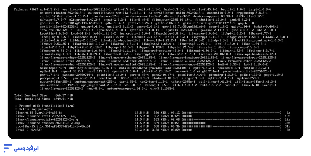 نصب آرچ لینوکس + دانلود؛ راهنمای قدمبهقدم و تصویری (UEFI) نصب هسته و پکیجهای pacstrap