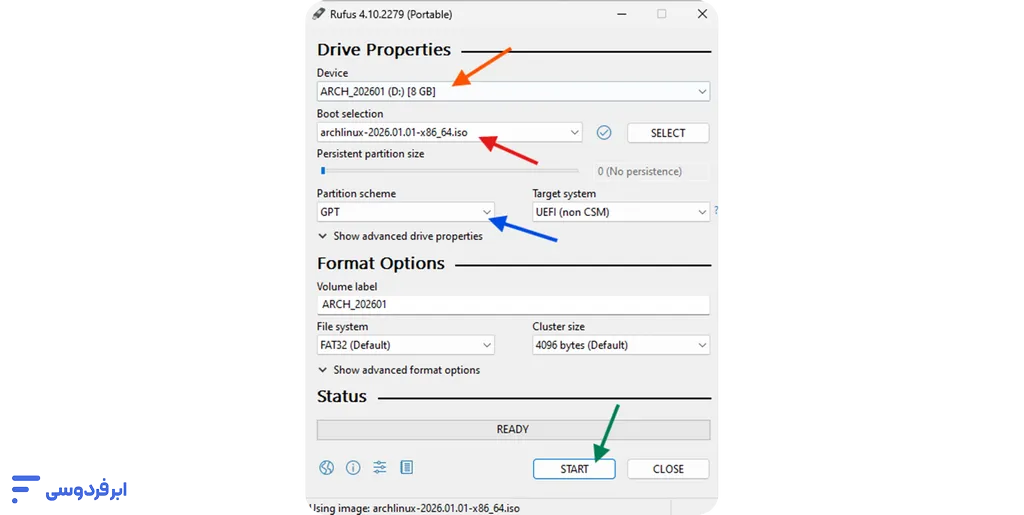 نصب آرچ لینوکس + دانلود؛ راهنمای قدمبهقدم و تصویری (UEFI) ساخت فلش bootable برای نصب آرچ لینوکس