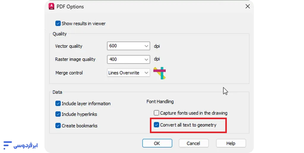 تبدیل فایل اتوکد به پی دی اف (DWG to PDF) فعال کردن Convert all text to geometry