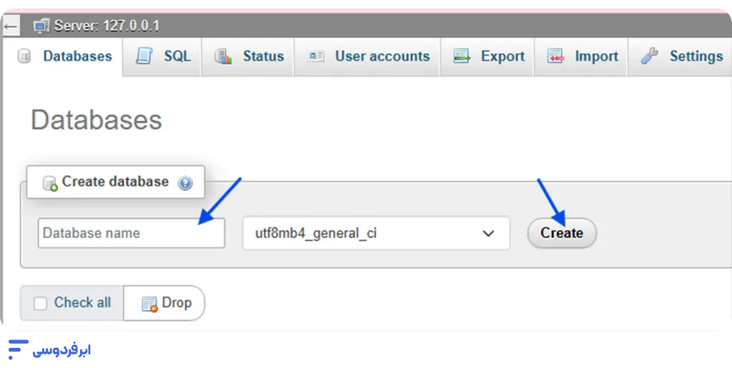 نصب xampp؛ آموزش گامبهگام و تصویری در ویندوز و لینوکس ساخت دیتابیس جدید در phpMyAdmin