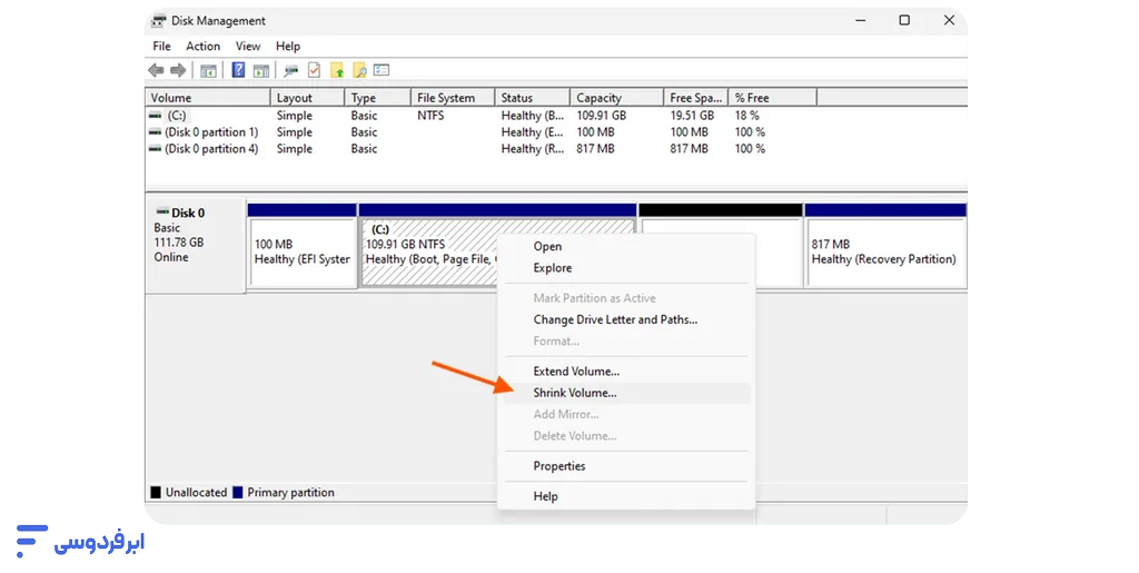 نصب لینوکس در کنار ویندوز (آموزش گامبهگام Dual Boot) انتخاب Shrink Volume