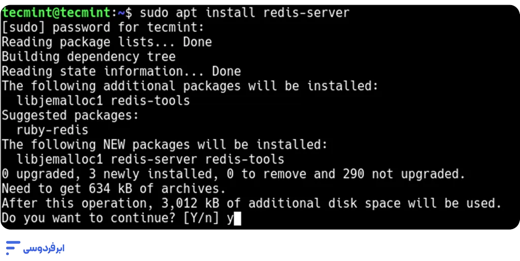 نصب و کانفیگ Redis (ردیس) در سرور لینوکس نمایش دستور sudo apt install redis-server برای نصب و کانفیگ redis