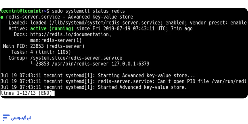 نصب و کانفیگ Redis (ردیس) در سرور لینوکس نمایش دستور sudo systemctl status redis